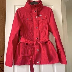 Powder River Trench Coat Hoodie Jacket Women L Belted Zip Up Windbreaker Red